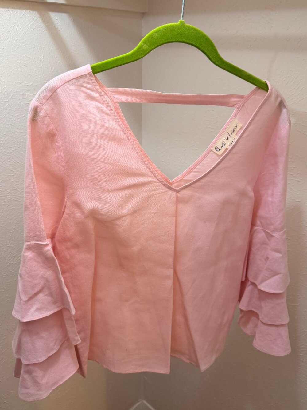 Lost in Lunar Pastel Pink Linen V-Neck Blouse with Tiered Sleeves - Size 6